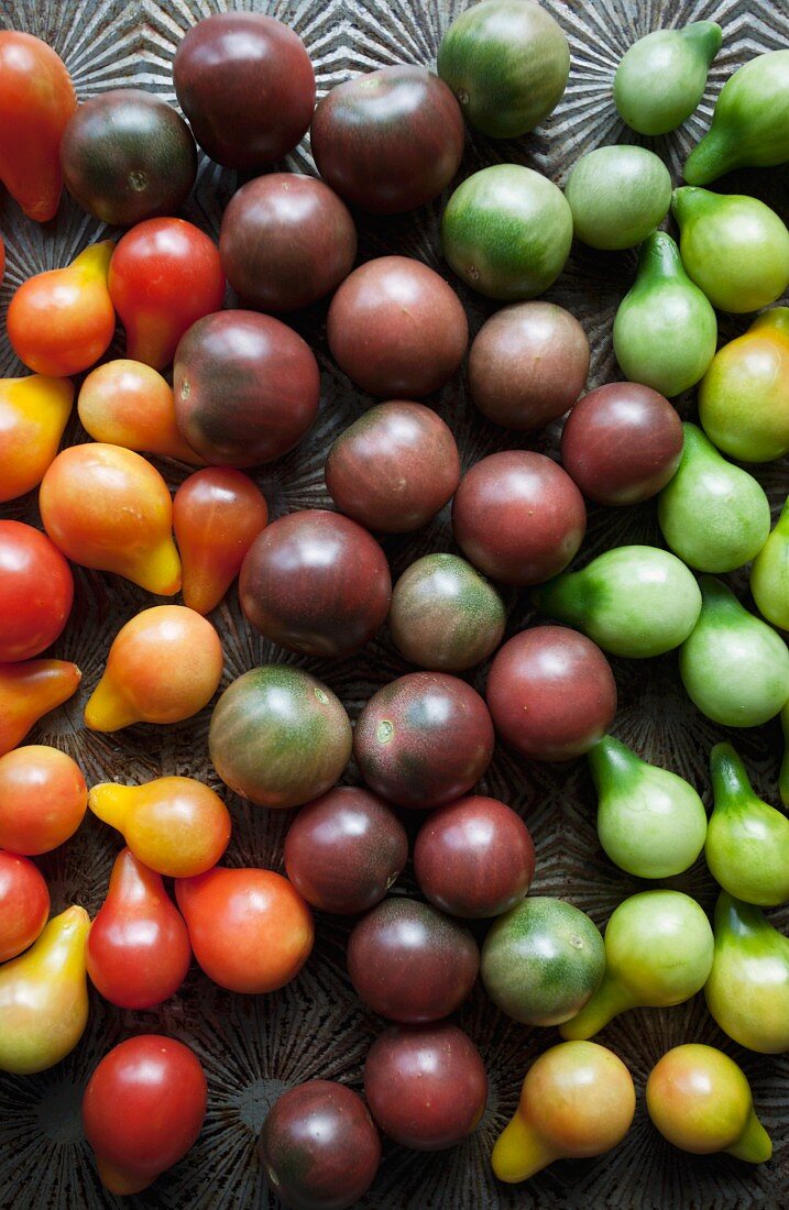 Various different ocloured cherry tomatoes (seen from above)