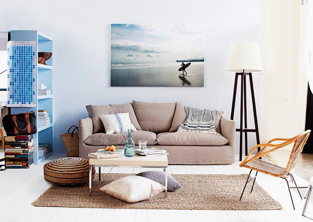 Living room with coffee table & sofa below large photo on wall