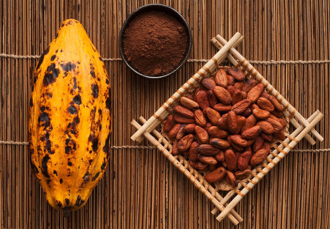 A cocoa pod, cocoa powder and cacao beans