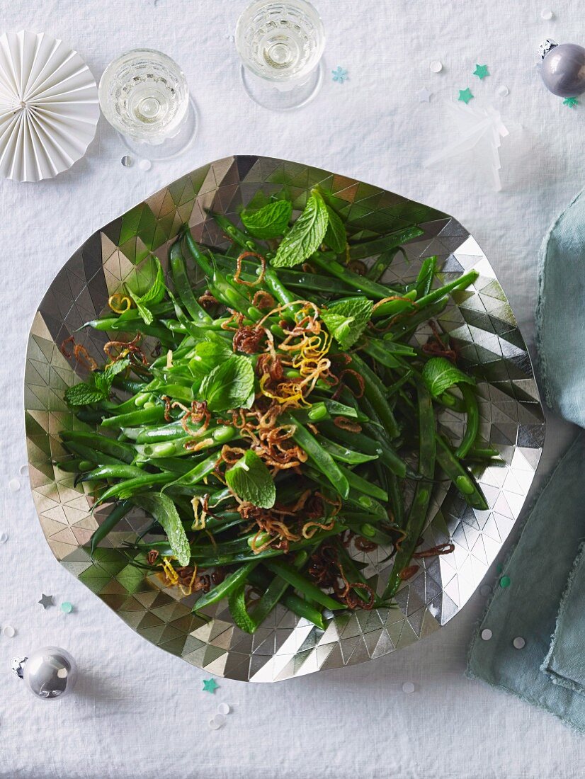 Green bean salad with mint, fried shallot and lemon