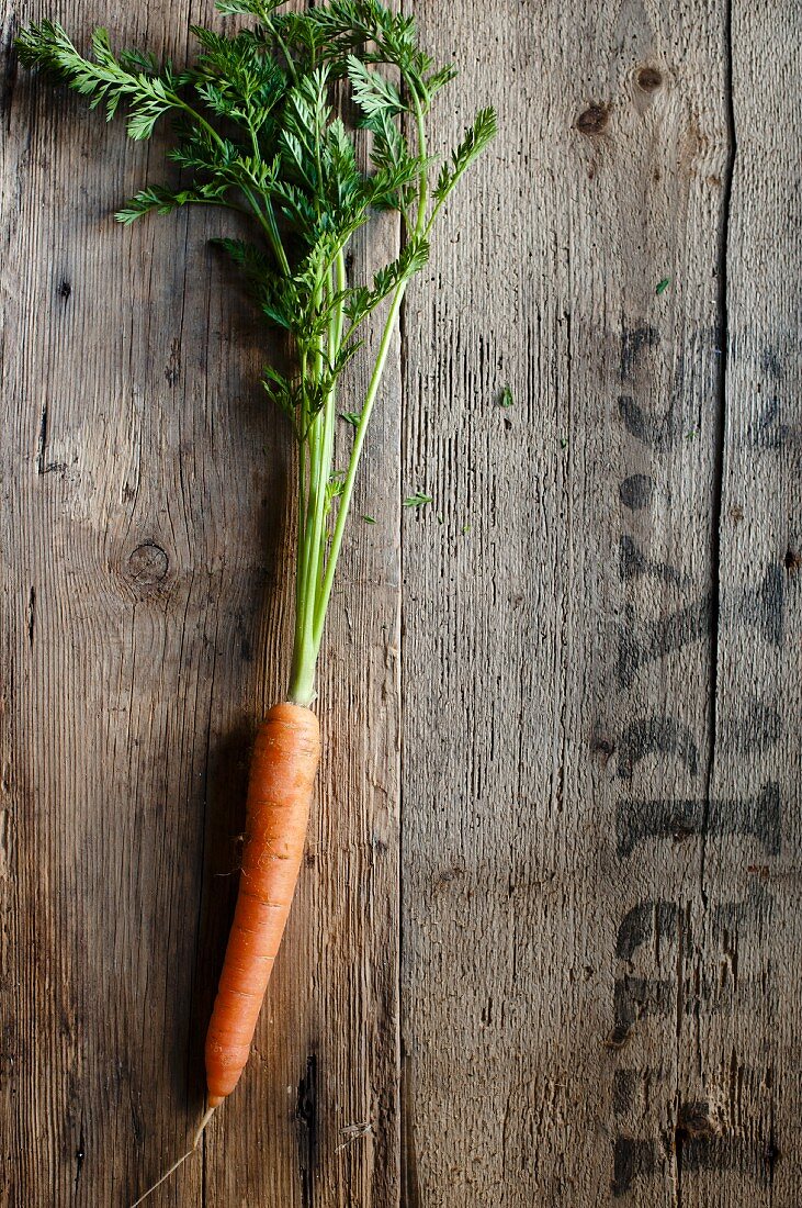 A single carrot on a wooden surface