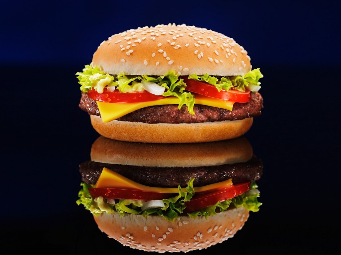 A cheeseburger and its reflection