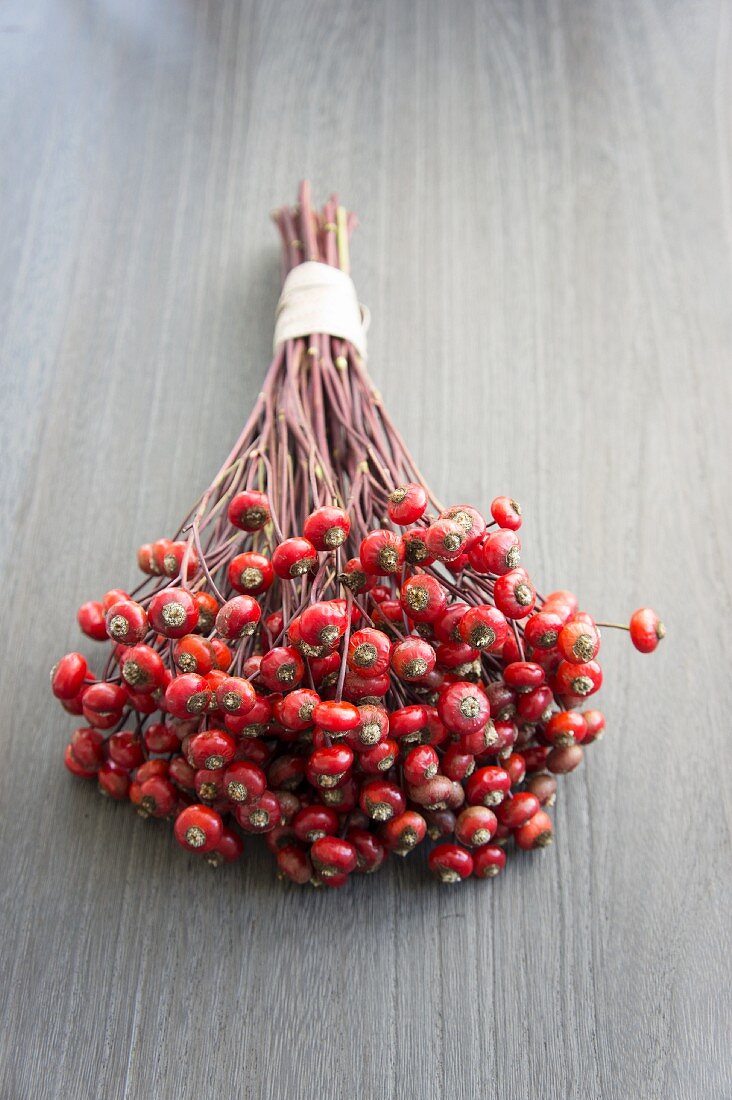 A bunch of rosehips on a wooden surface