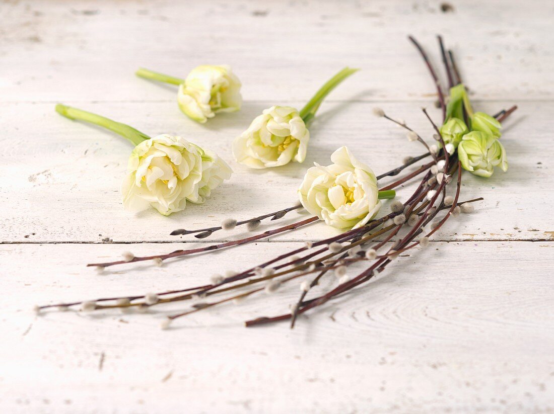 White tulips and catkins as Easter decorations