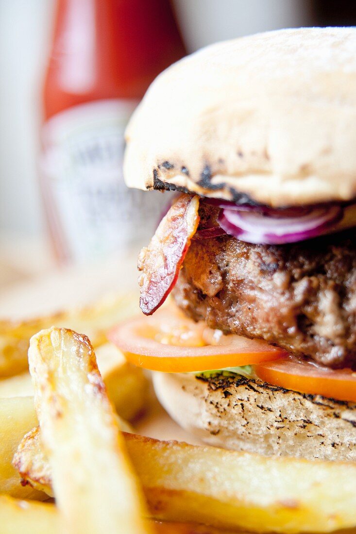 Bio-Beefburger mit Pommes frites, Tomaten und Ketchup (Ausschnitt)