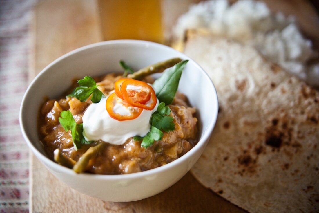 Lentil curry with green beans, basmati rice and chapati