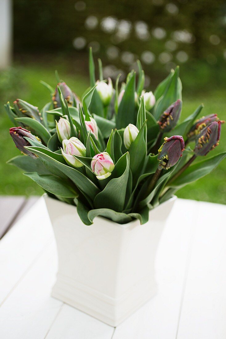 Tulpenstrauss in einer Vase auf Gartentisch