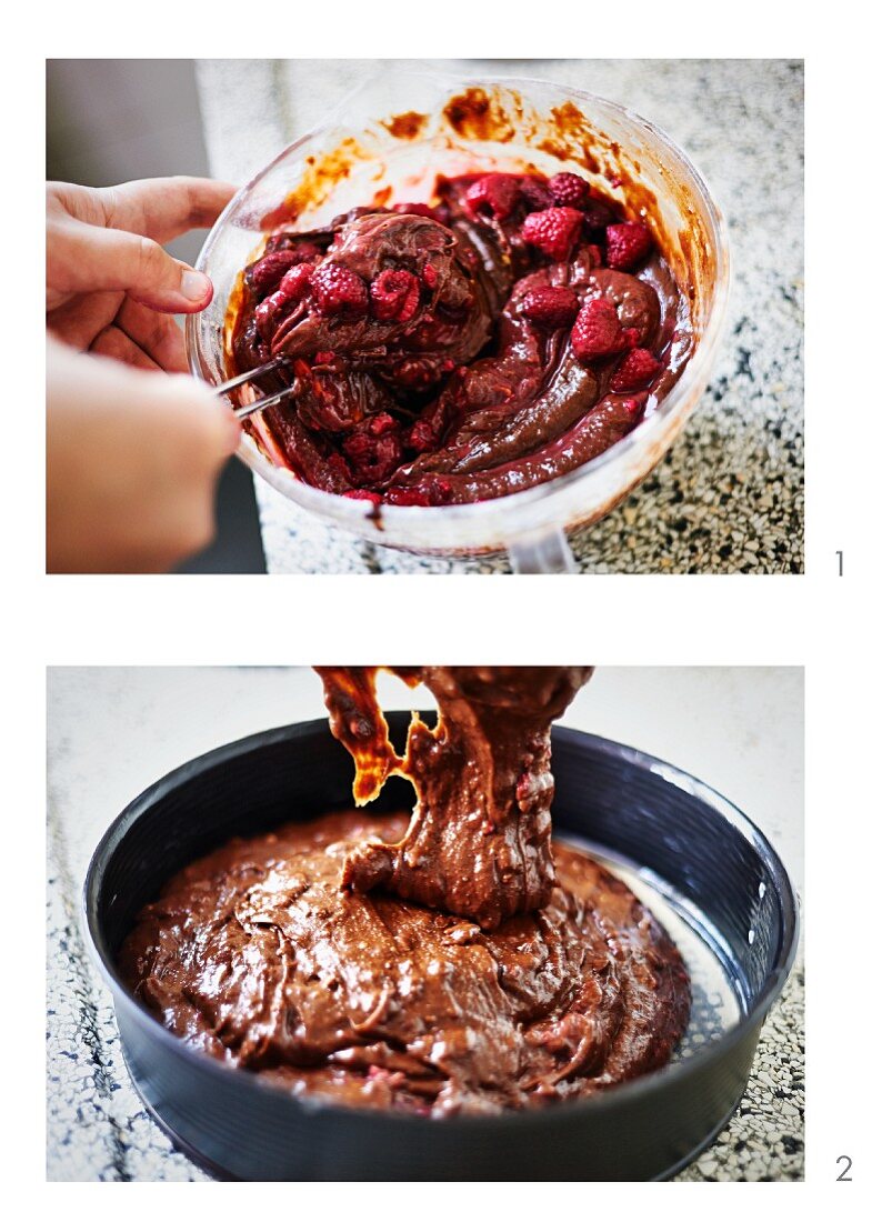 Chocolate brownie tart with raspberries being made
