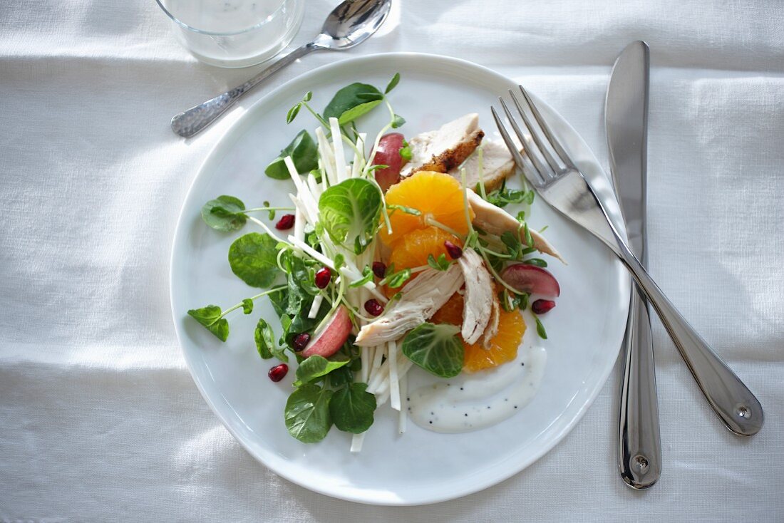 Brunnenkresse-Orangen-Salat mit Granatapfelkernen und Hähnchenbrust