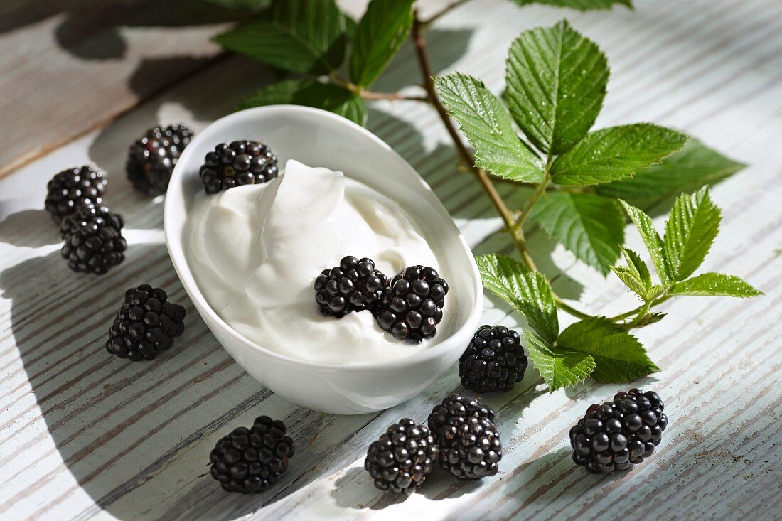 Yogurt with blackberries and leaves