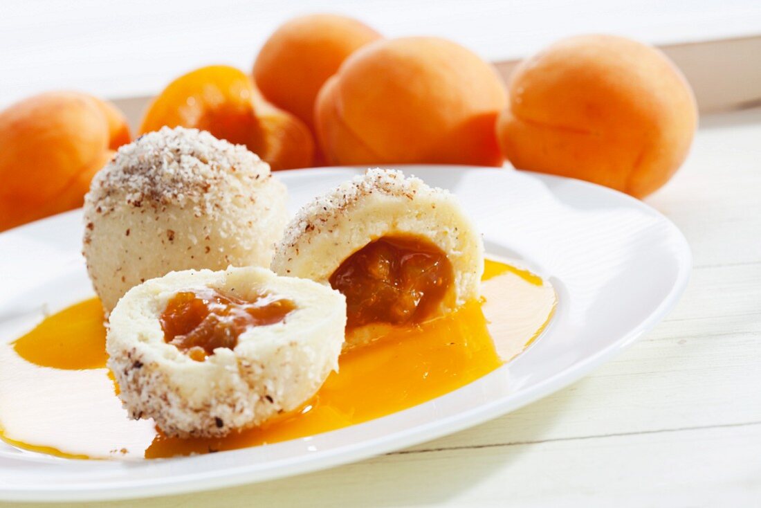 Apricot dumplings with ground hazelnuts