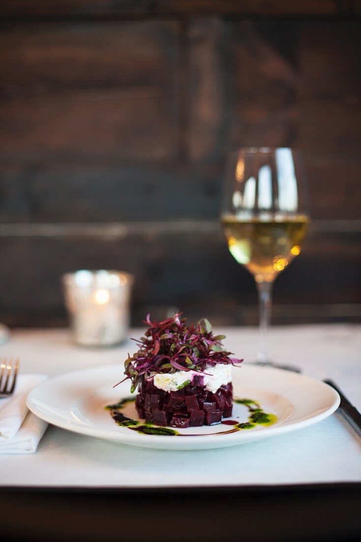 Roasted beetroot tian with sheep's milk ricotta, cress and balsamic vinegar