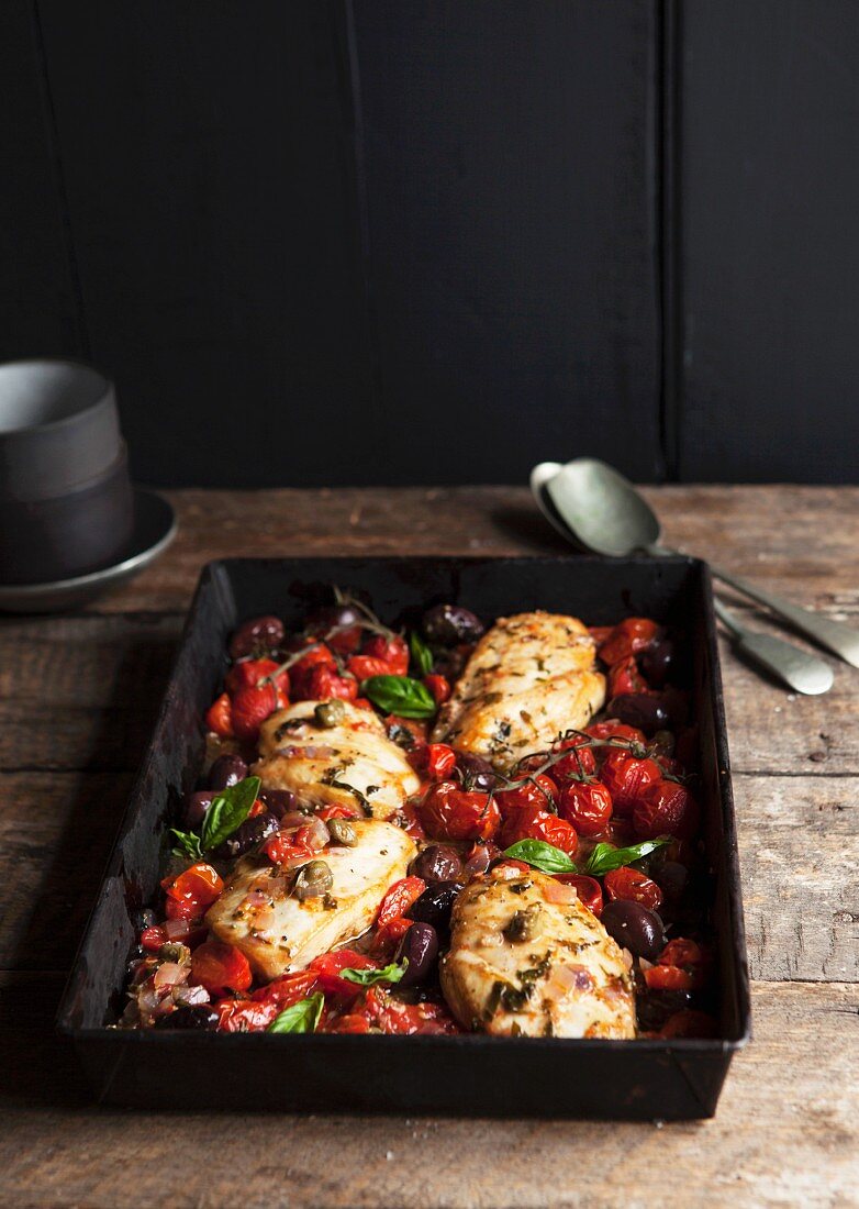 Chicken breast with tomatoes and olives