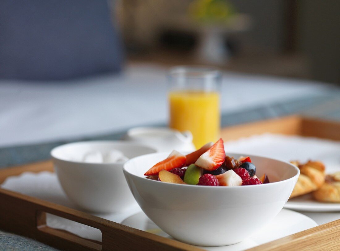 A breakfast tray in a hotel room