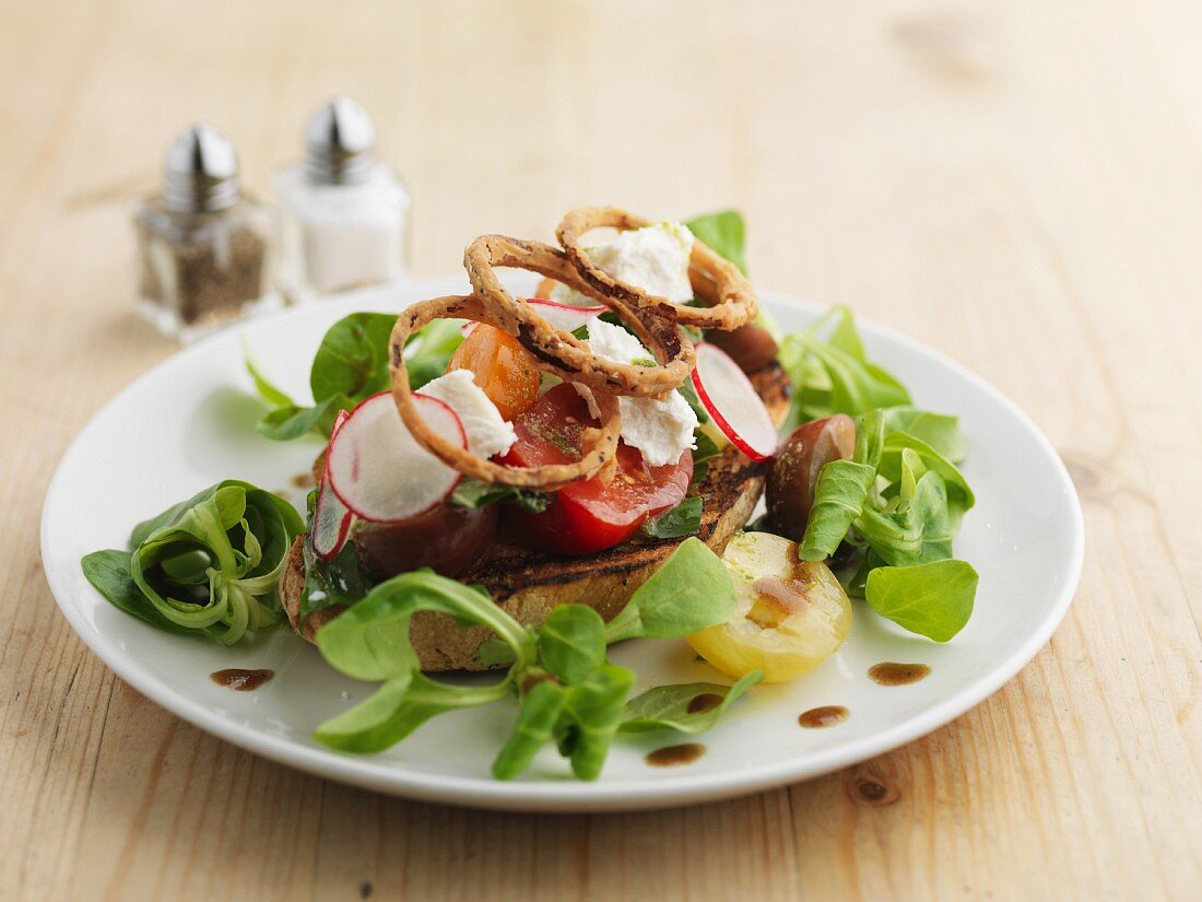 Lamb's lettuce with goat's cheese, radishes, tomatoes and onion rings on toasted bread