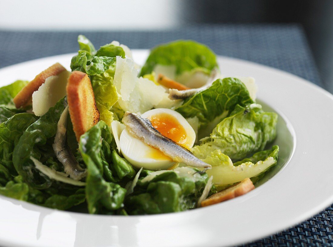 Cäsarsalat mit Anchovis, Ei, Parmesan und Croûtons