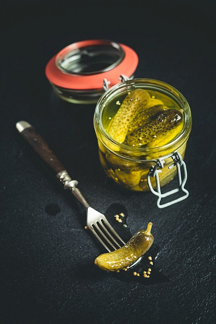 A jar of pickled gherkins