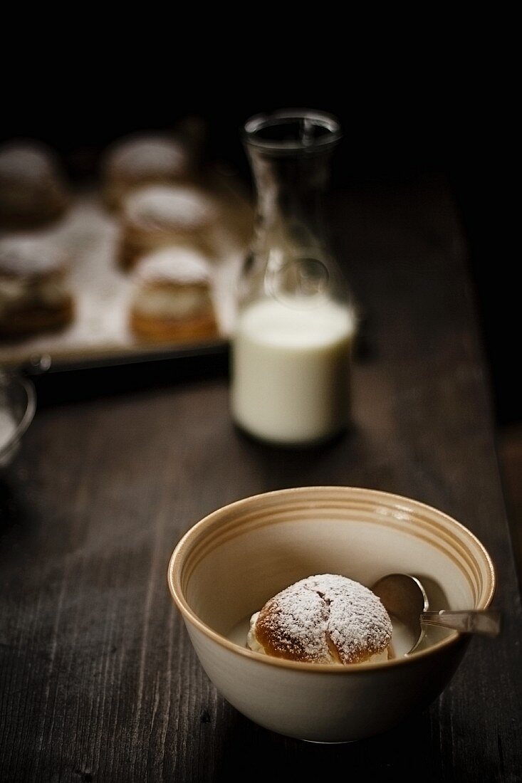 Semlor (Swedish cakes) served in a bowl