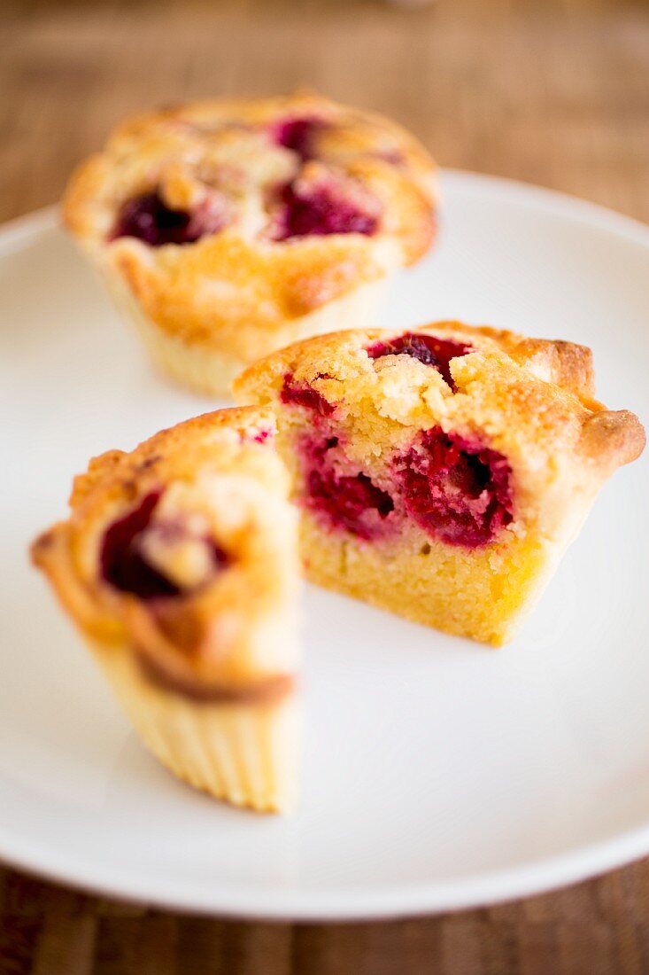 A raspberry muffin, halved