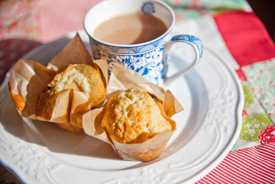 Choc-chip muffins with a cup of tea