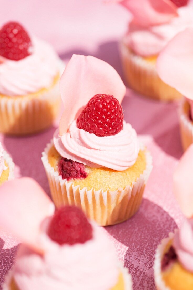 Raspberry cupcakes made with rose petals