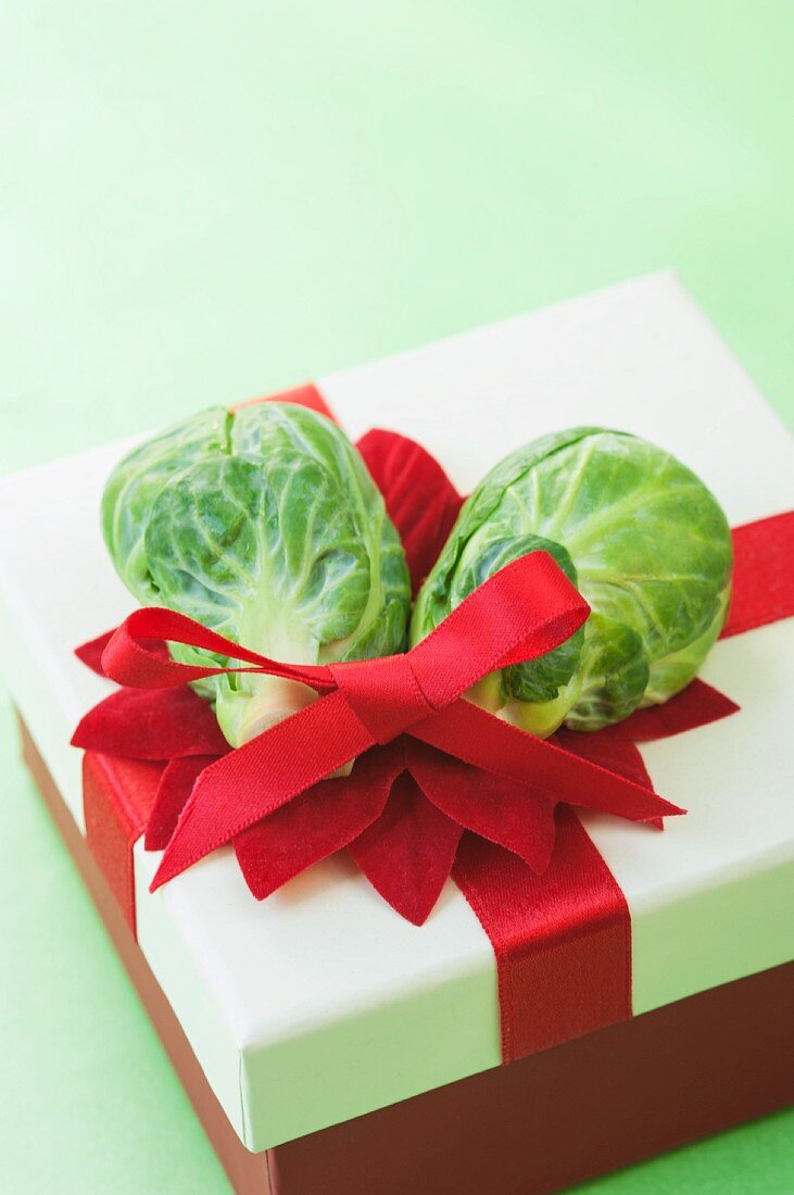 Brussels sprouts used to decorate a Christmas present