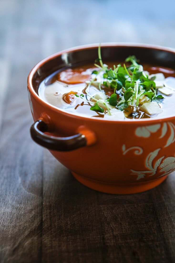 Lentil soup with carrots, feta cheese and cress