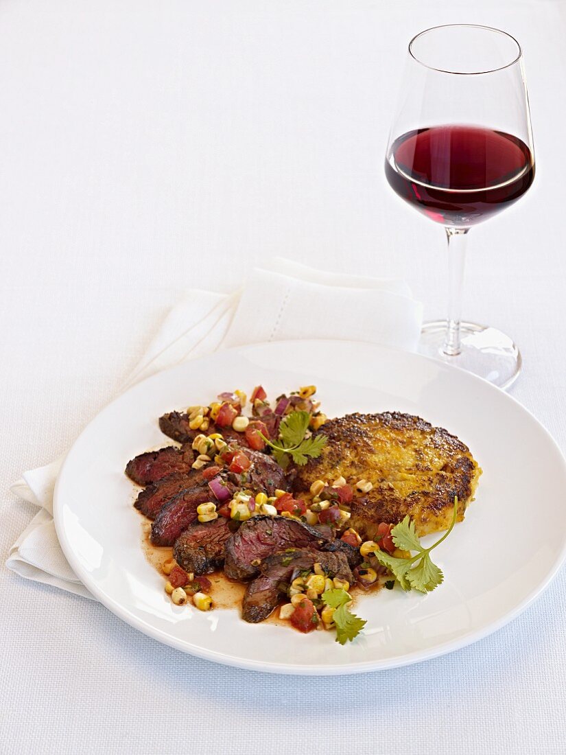 A hanger steak with a bean salsa and a glass of red wine
