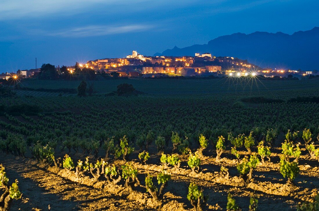 Das Dorf Laguardia in der Abenddämmerung hinter den Weinbergen, Alava, Spanien