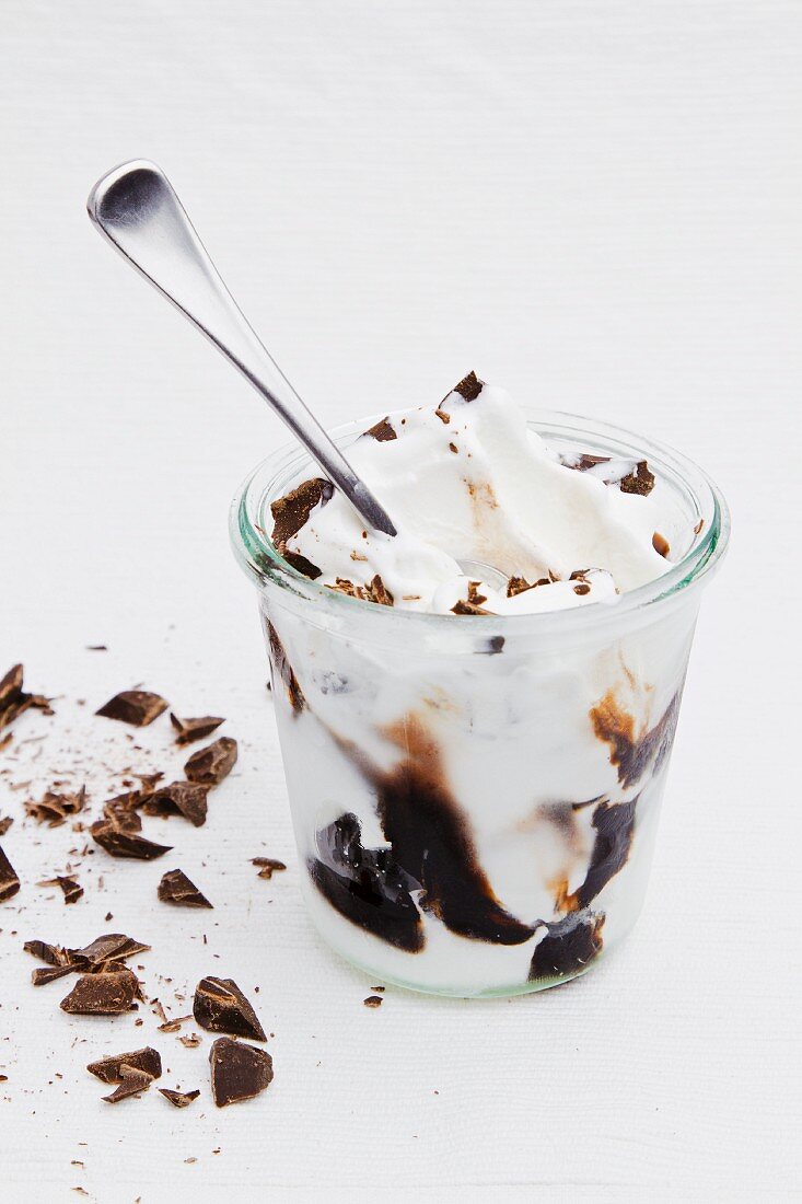 Frozen yogurt with chocolate sauce and grated chocolate