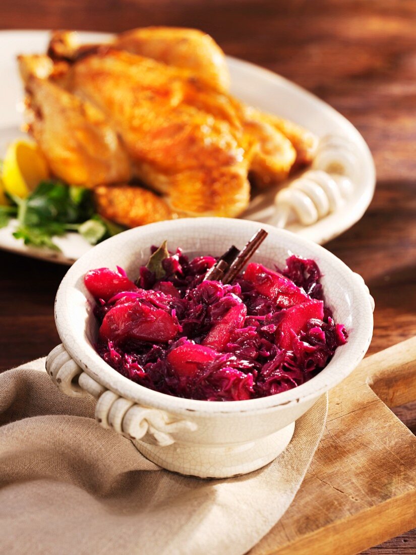 Festive apple red cabbage as an accompaniment to roast chicken