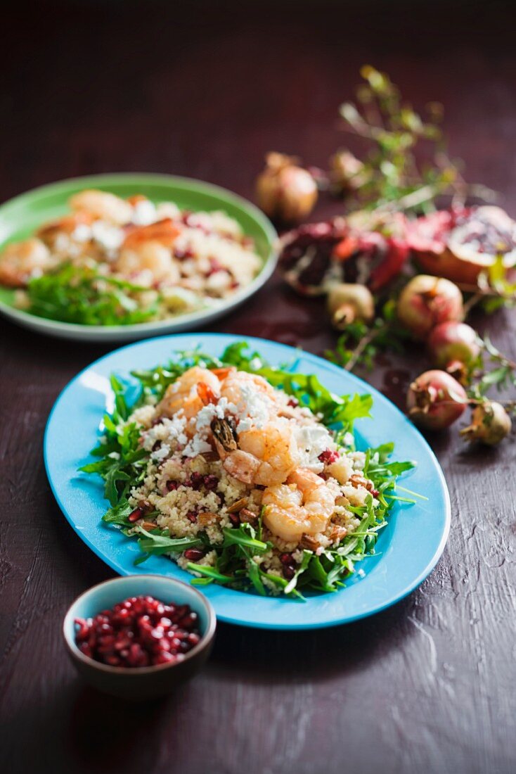 Couscous salad with prawns, lemons and pomegranate seeds