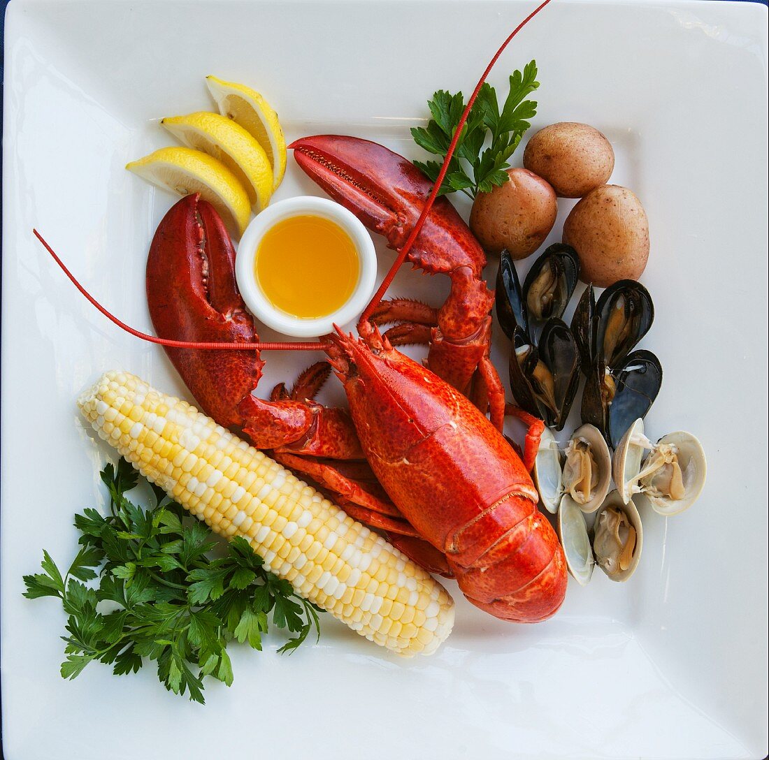 Lobster and mussels with corn on the cob, butter sauce, potatoes and lemons