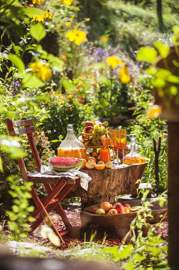 Fruits and juices in a sunny garden