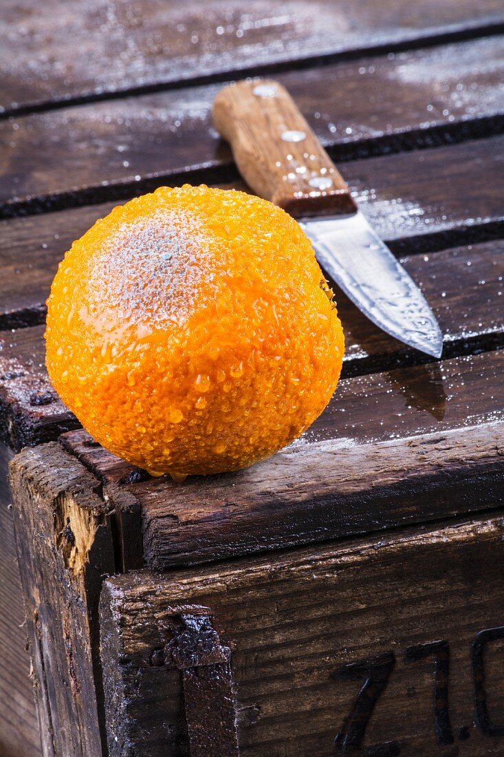 A mouldy orange with a knife on a wooden crate