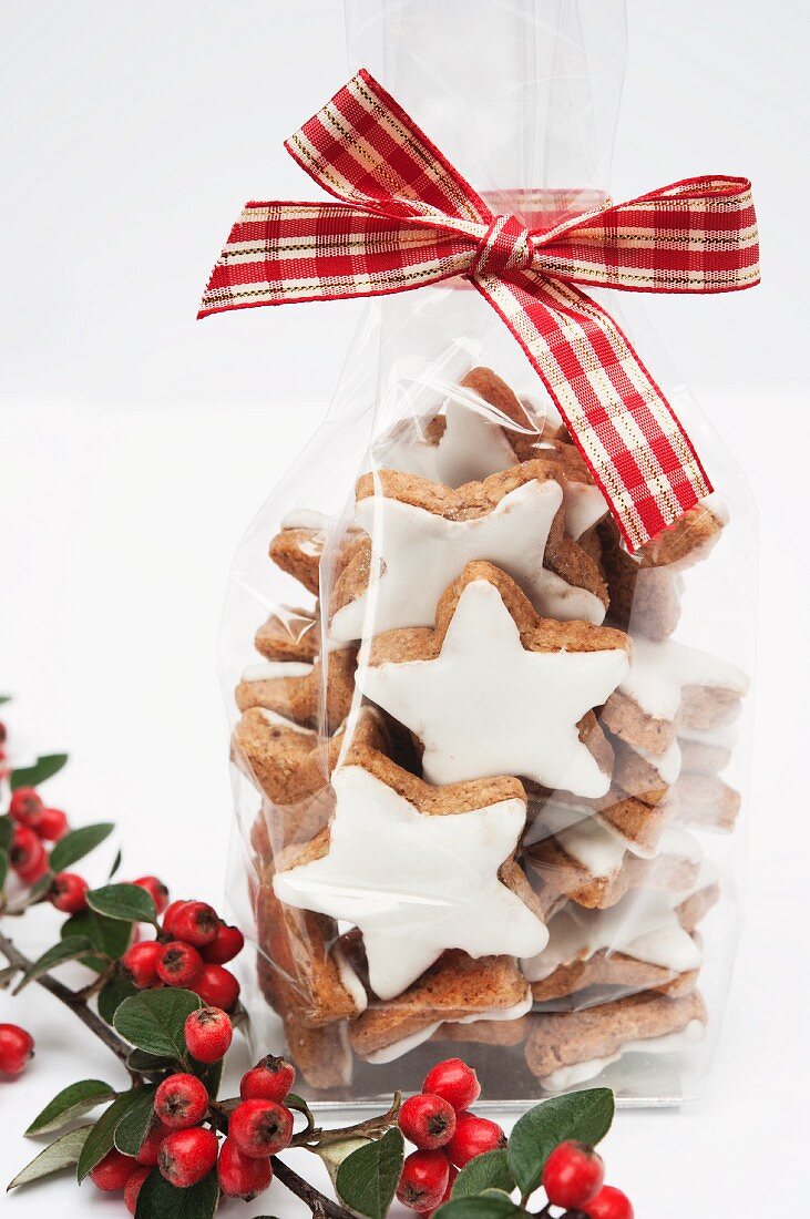 Cinnamon stars in a cellophane bag as a Christmas gift