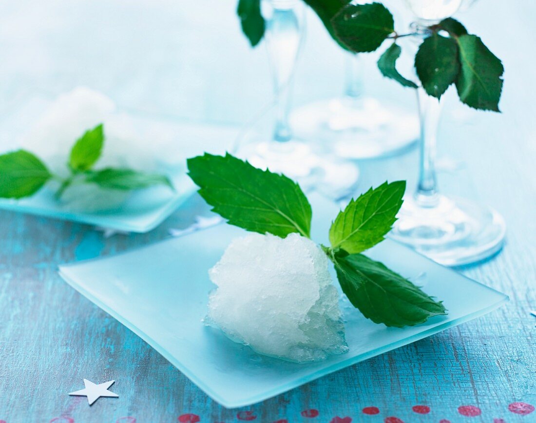 Erfrischendes Pfefferminzsorbet mit Pfefferminzblättern