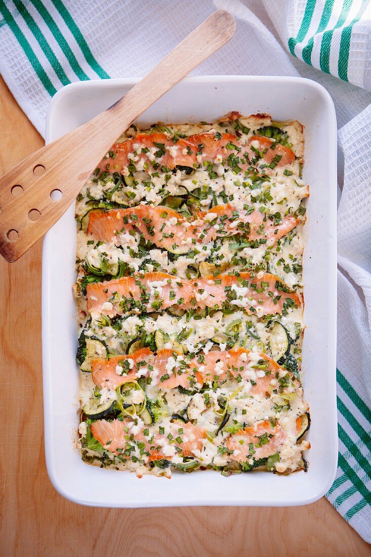 Courgette bake with salmon and broccoli