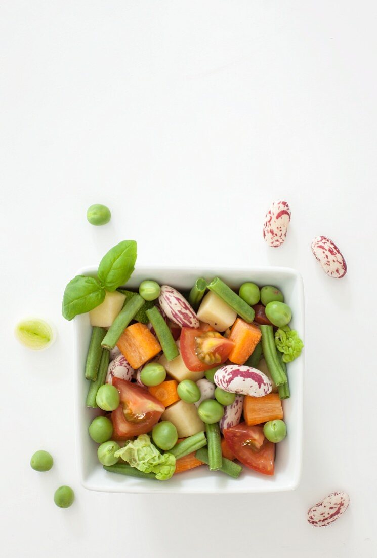 Ingredients for vegetable soup (tomatoes, basil, beans, cabbage and carrots)