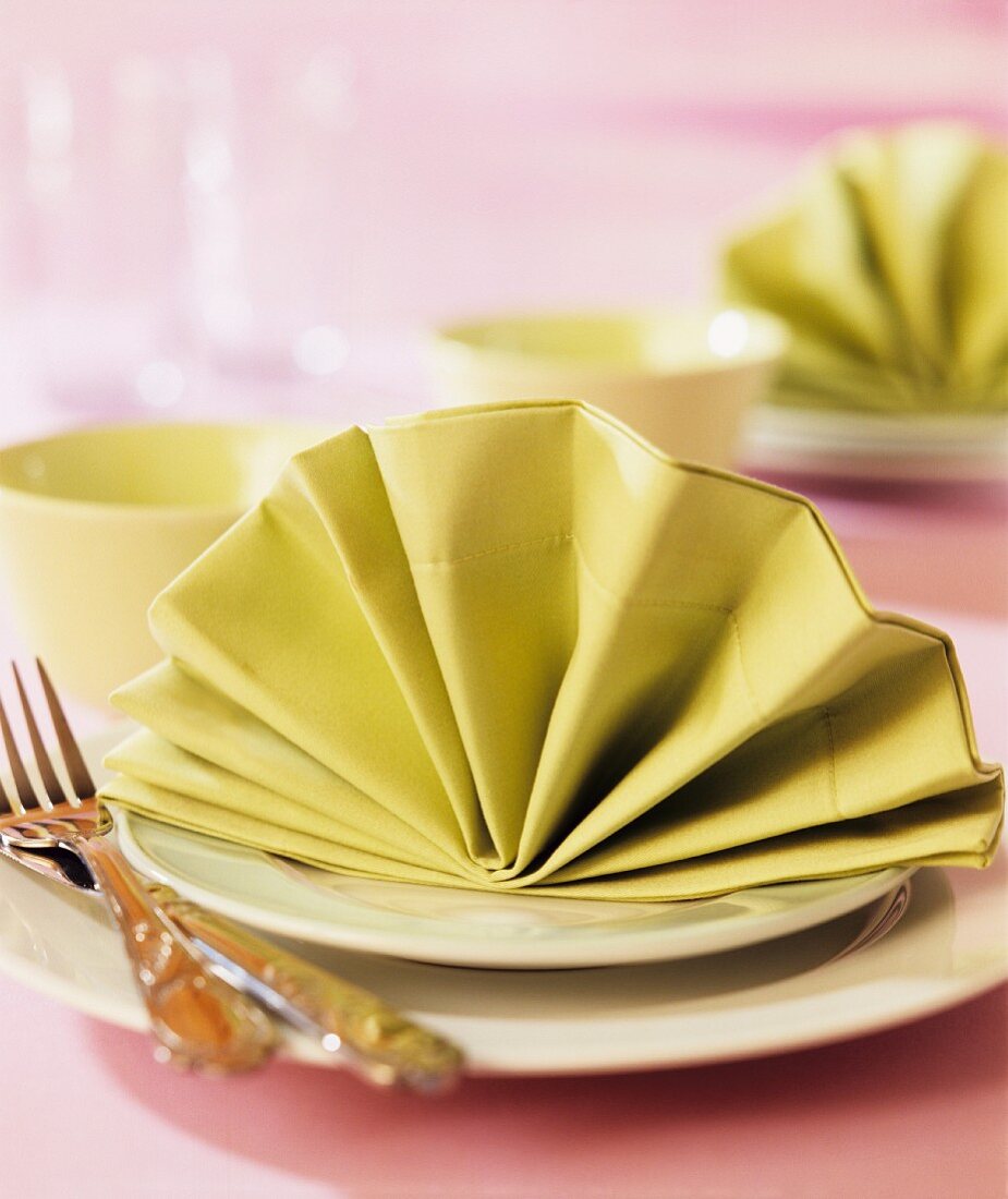 A decoratively folded napkin on a plate