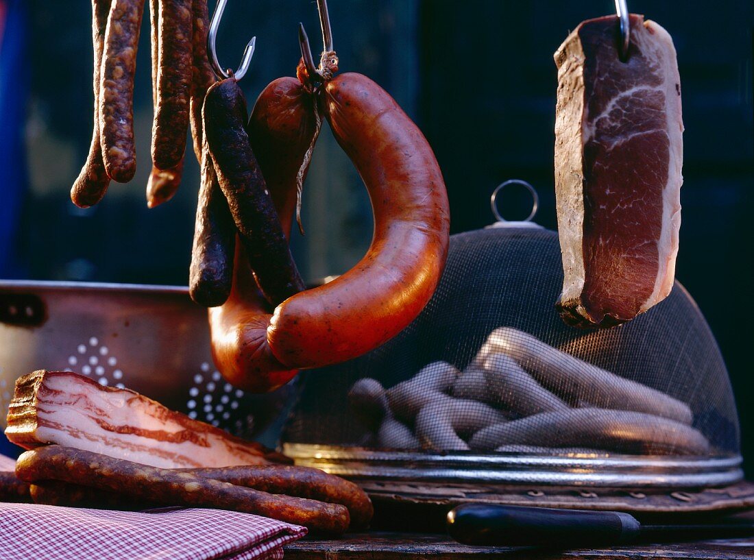 Still Life; Assorted Sausages and Smoked Ham
