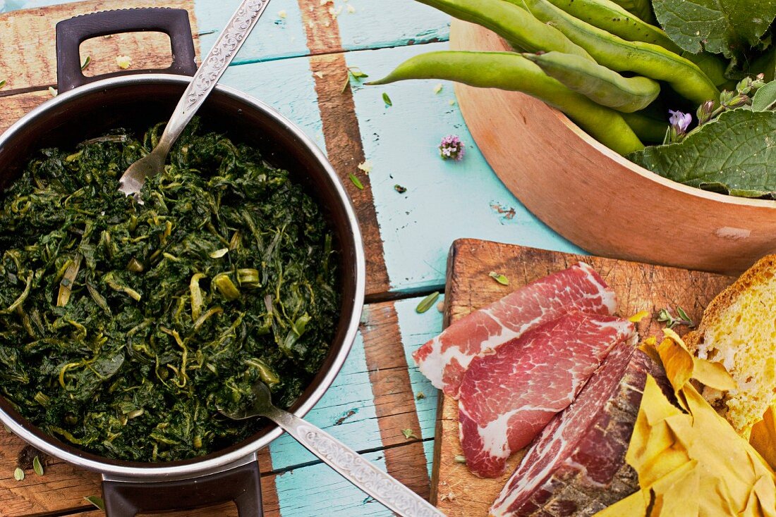 Capocollo, boiled chard and fresh beans