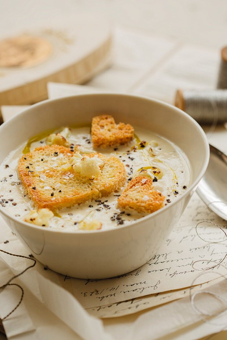 Cauliflower soup with heart-shaped croutons