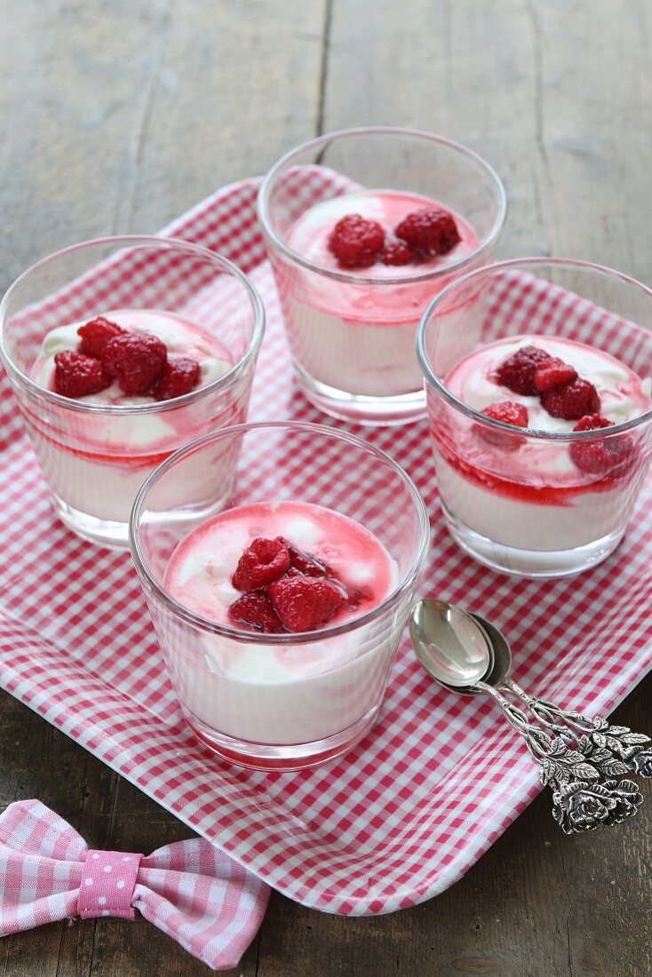 Vanillejoghurt mit Himbeeren in Gläsern auf kariertem Tablett