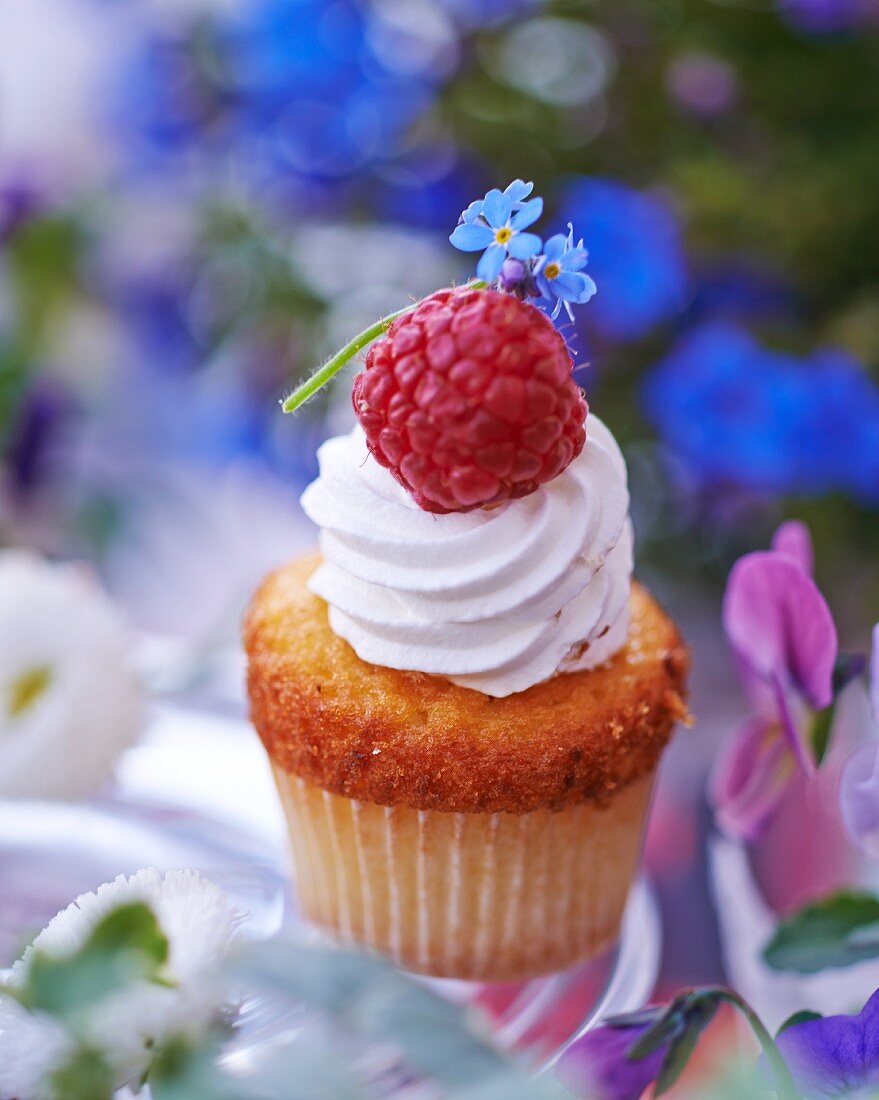 A cupcake topped with cream and decorated with a raspberry