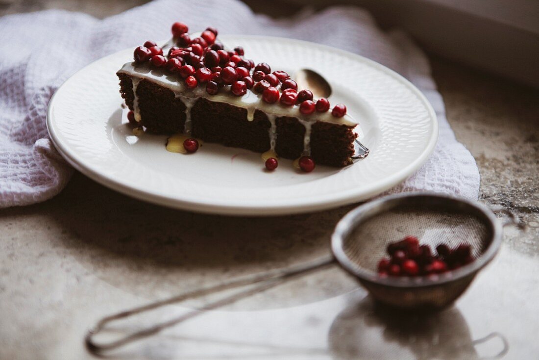 A slice of chocolate cake with cranberries and icing sugar