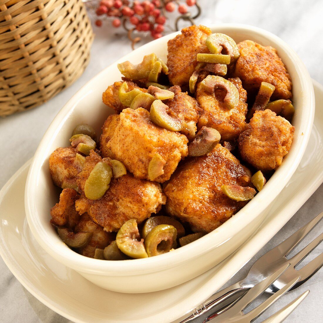 Chicken with sherry and green olives (Spain)