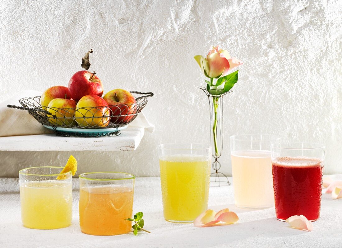 Various lemonades (elderflower, rhubarb, Fassbrause (non-alcoholic drink made from fruit, spices and malt extract) and rose)