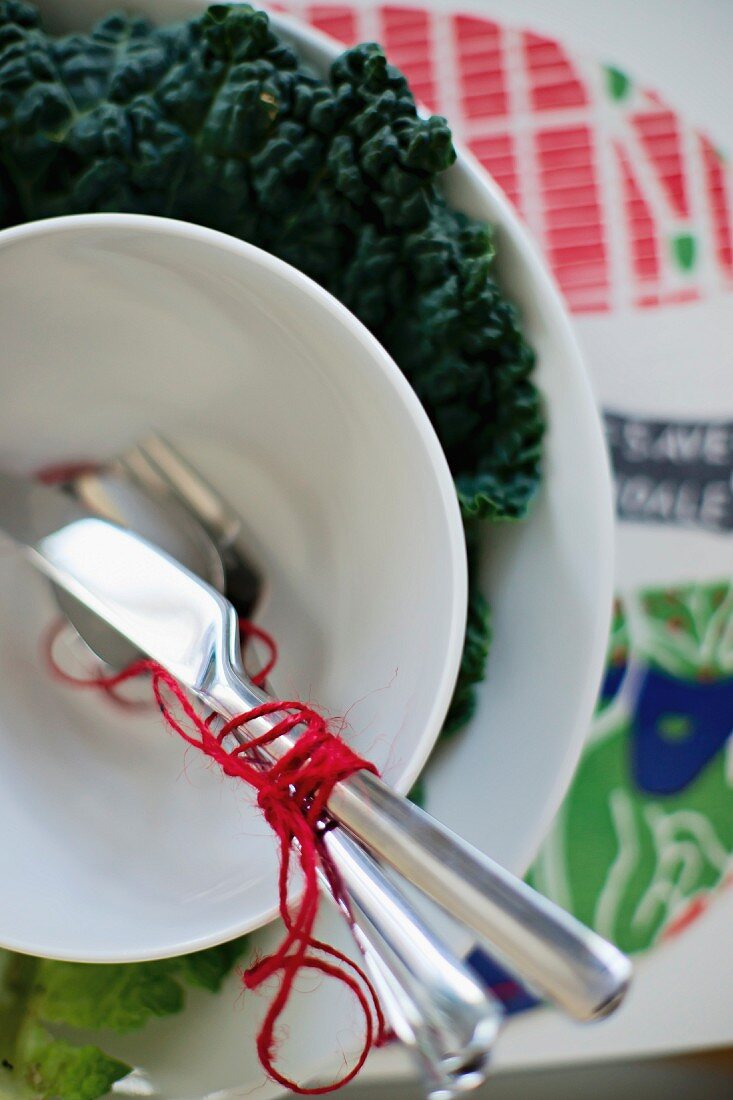 Cutlery wrapped in red yarn in white soup bowl