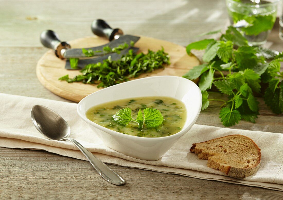 Potato soup with stinging nettles